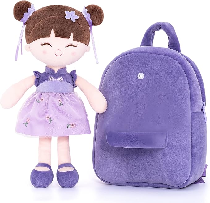 Gloveleya Back to School Gifts for Girls Kids Backpack Toddler Backpack Soft Plush Asian Girl Doll Backpacks Purple 9"