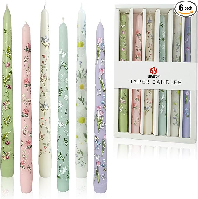 Floral Toile Candle Sticks Print Smokeless Candlessticks 6 Pack Handmade Pastel Candle 10 inches Long Flower Tapered Candles for Dining Living Room Mantel Cozy Hygge Ambiance Everyday Home Decor