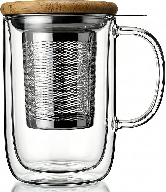 Tealyra - Venus - Tea Cup Infuser - 16-ounce - Double Wall Glass Mug with Lid and Stainless Steel Basket - Perfect Loose Leaf Tea Steeping - 480ml