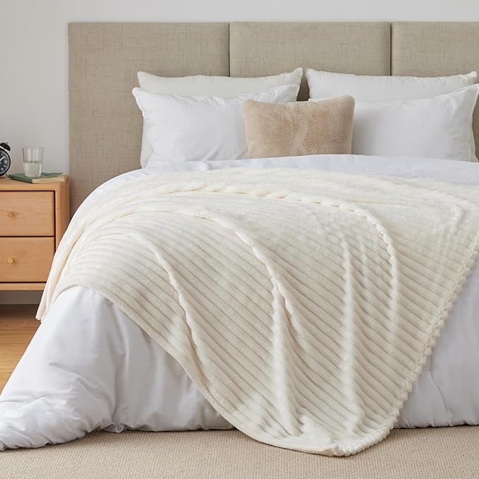 BEDELITE Fleece Throw Blanket for Couch - 300GSM Soft & Warm Fluffy Cream White Blanket, Decorative and Giftable Striped Blankets for Women, Men, 50"x60" (Pack of 2)