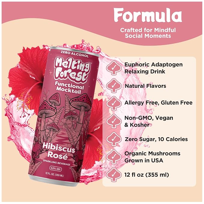 Melting Forest Functional Mocktail Hibiscus Rose – Alcohol-Free, Euphoric Adaptogen Drink with Reishi, Antrodia, Lion’s Mane, Ashwagandha – 10 Calories, Vegan, Gluten-Free (4 Pack)