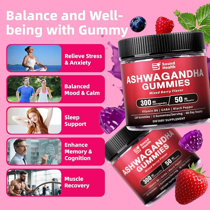 Ashwagandha Gummies for Women & Men | Organic Ashwagandha Supplement with Vitamin B6, Black Pepper | Vegan, Plant Based, Non-GMO, Gluten-Free - 120 Count (60-Day Supply)