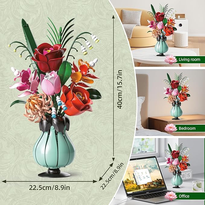 Flowers Bouquet Building Blocks Set with Vase, Roses, Lotus, Lily of The Valley for Adults, Teen Girls, Botanical Collection Home Décor, Office Decor, Gifts for Valentines Birthdays Mother's Day