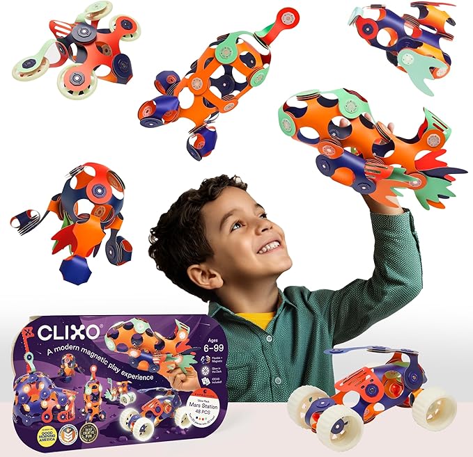Clixo Mars Station Pack – 48 Magnetic Pieces, 14 Shapes – Flexible STEM Building Glow-in-The-Dark Set with All-Terrain Wheels & Galactic Adventure – Build Rovers, Spaceships & Labs – Ages 6+