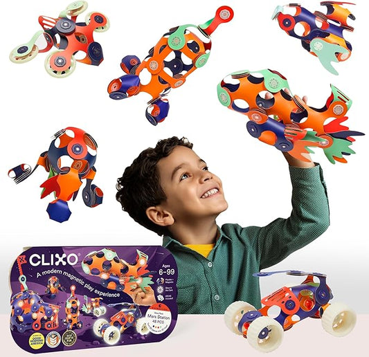 Clixo Mars Station Pack – 48 Magnetic Pieces, 14 Shapes – Flexible STEM Building Glow-in-The-Dark Set with All-Terrain Wheels & Galactic Adventure – Build Rovers, Spaceships & Labs – Ages 6+