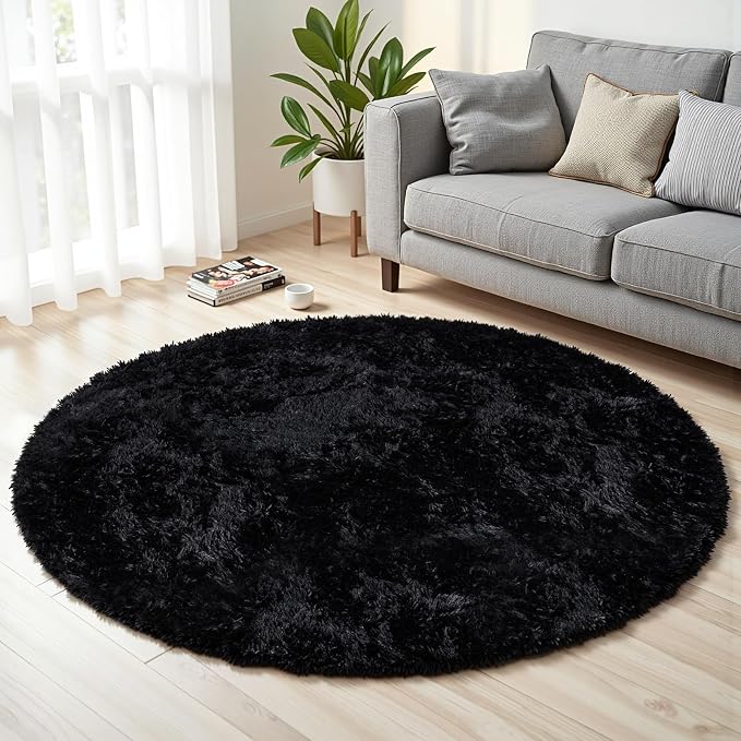 Black Round Fluffy Rug 5ft Plush Fuzzy Shaggy Carpet,Soft Rugs for Living Room for Nursery,Preppy Dorm,Classroom,Playroom,Teen,Baby Home Decor (Black 5"x5")