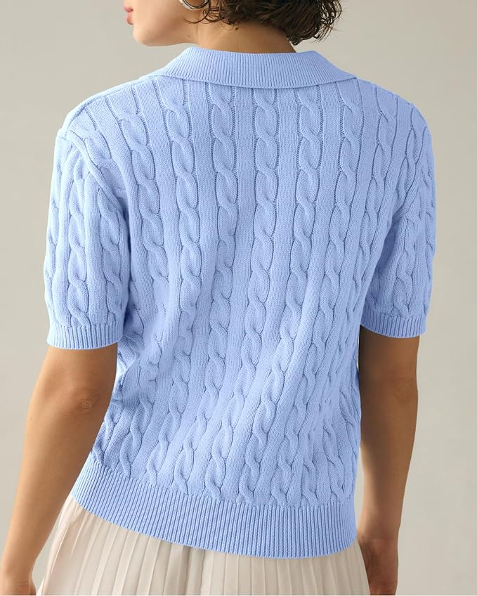 Imily Bela Womens Cable Short Sleeve Sweaters Tops Lapel V Neck Knit Shirt | Solid,Knit Casual,Soft Pullover,Fall Sweaters,Womens Summer Work Tops