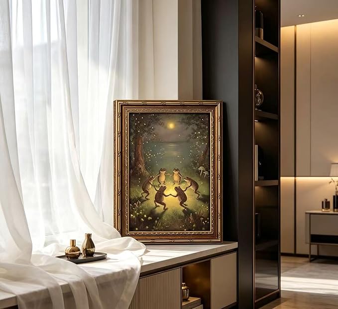 Vintage Gold Framed Frog Wall Art,Frogs Dancing in Moonlight Forest Painting Canvas Prints,Whimsical Animal Wall Decor,Retro Country Toad Poster Artwork for Corridor Living room Bedroom Kitchen