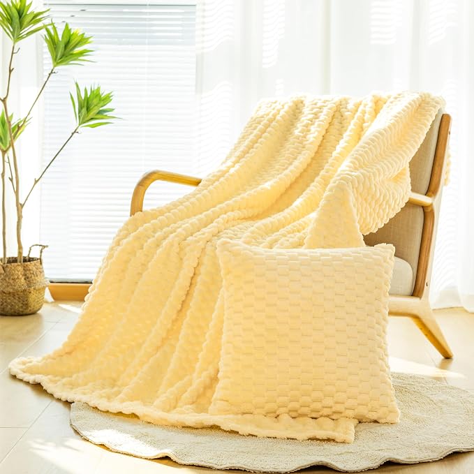 Bnuitland Flannel Throw Blanket, 300 GSM Fleece Cozy Warm Soft Home Decor Lightweight Bed Sofa Blanket for Adults, Suitable for All Seasons(Light Yellow,50X71 inches with Pillow Cover)