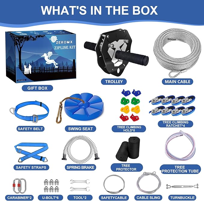 110FT Zip Line Kit for Kids & Adults, Up to 360 lbs - Updated Removable Trolley, Thickened Seat, Safety Harness, Spring Brake - Backyard Outdoor Zipline with Tree Climbers, Christmas Birthday Gift