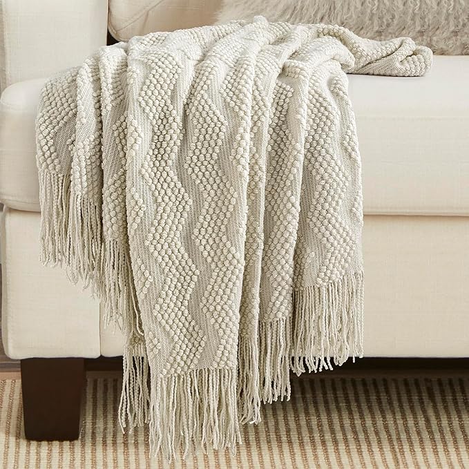 BOURINA Beige Throw Blanket 50x60 Inch Soft Ripple Throw Knitted Blanket | Soft Ripple Throw Textured Solid Soft Throws and Blankets for Sofa or Bed Knitted Decorative Blanket