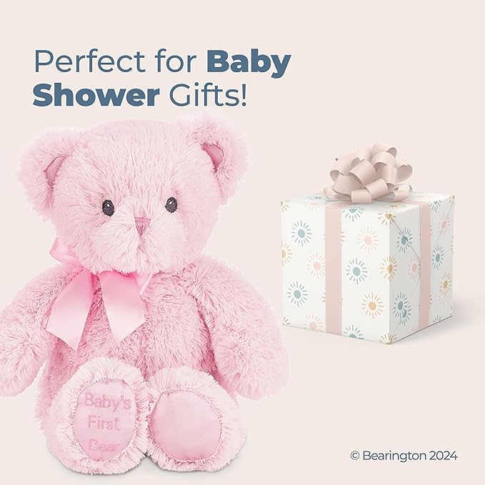 Bearington Collection Teddy Bear for Baby Girl - 18" Pink Plush - Soft Cuddly Stuffed Animal - First Teddy Bear for Newborn & Infant Nursery Gift