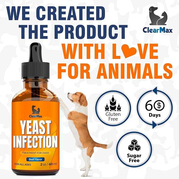Yeast Infection Treatment for Dogs Soothes Itchy Ears and Irritated Skin – Helps with Allergies, Redness & Maintains Gut Work – Liquid Yeast Infection Drops for Dogs with Natural Beef Flavor – 2 Oz