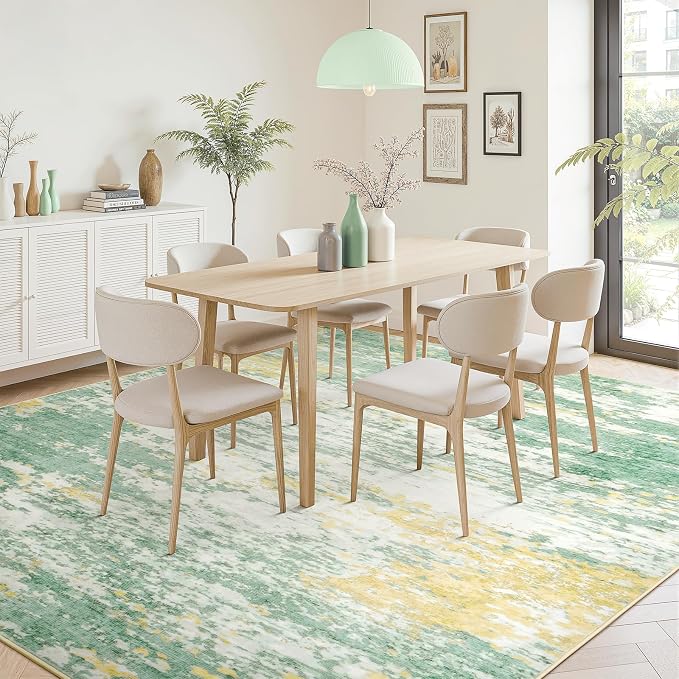 9x12 Area Rug for Living Room, Abstract Washable Large Rugs, Light Green | Soft Neutral Carpet for Bedroom, Dining Room, Home Office Nursery Indoor, Stain Resistant,Non-Slip, Low Pile, Modern Rug