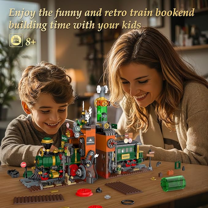 JMBricklayer Steampunk Train Station Building Set - 2 in 1 Train & Bookends Set for Adults, Home Decor & Bookshelf Organizer, Ideal Collectible Model for Boy, Girl, Teen (1379 Pcs)