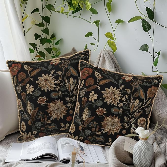 KSLIDS Vintage Floral Brown Black Soft Velvet Throw Pillow Covers Set of 2 Retro Boho Flower Leaves Decorative Pillow Covers 18x18 Inch Bohemian Pillow Case for Sofa Couch Farmhouse Home Decor