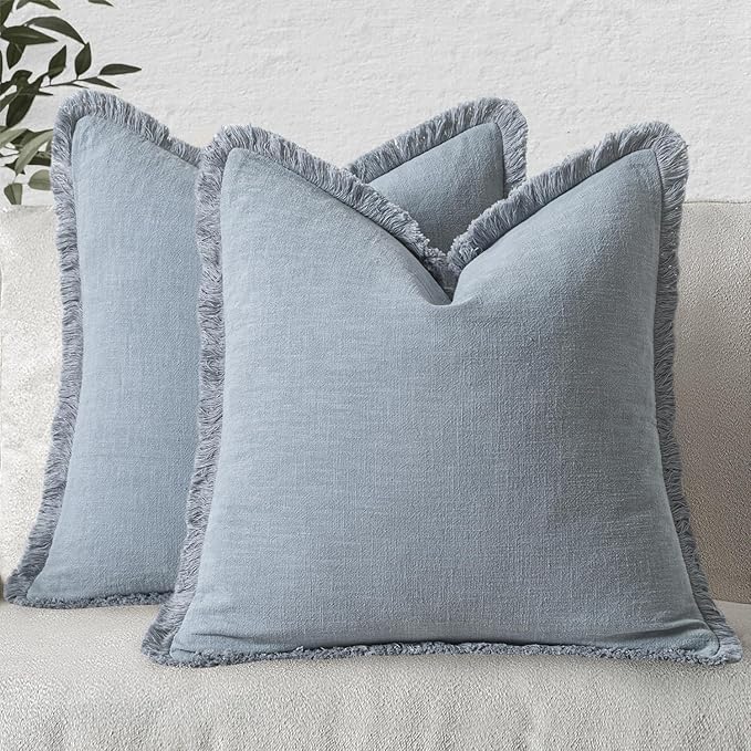 MIULEE Linen Fringe Decorative Euro Throw Pillow Covers Light Blue 26x26 | Set of 2, Cottagecore Decor, Boho Farmhouse Coastal Pillow Covers, Rustic Couch Cushion Cases for Sofa Bed Living Room