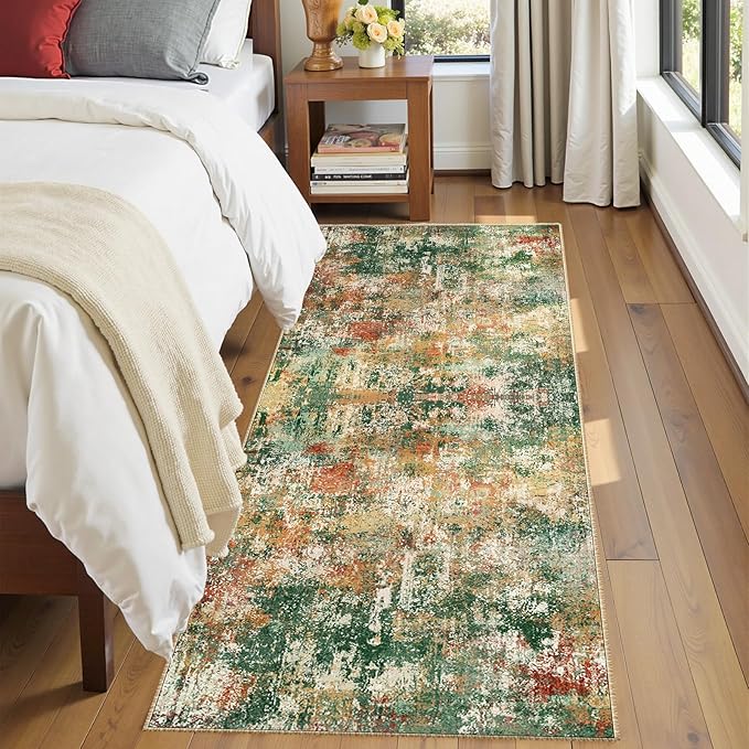 RELEANY Washable Area Rugs 2'x8' Non-Slip Modern Abstract Soft for Living Room Entryway Bedroom Kitchen, Print Pattern, Green Orange Rust Red Cream Colorful