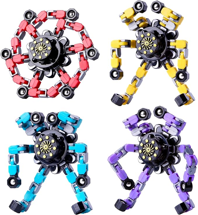 Transformable Fidget Spinners Toys for Adults Kids, 4 Pcs Sensory Toys for Teens with Autism Anxiety Stress Relief Gifts, Durable Robot Fingertip Gyros for Party Favors Stocking Stuffers Treasure Box