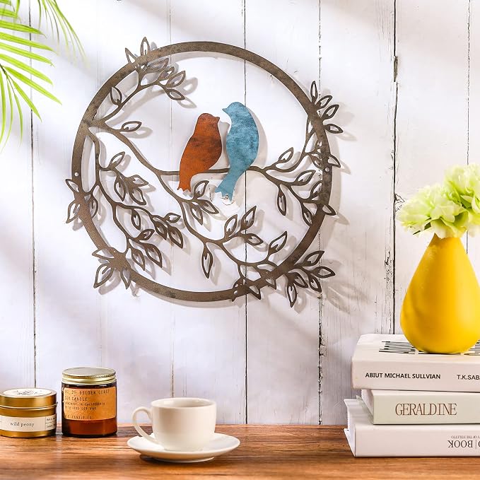 Ferraycle Metal Wall Art Bird on Tree Branch Silhouette Bird Hanging Ornament Porch Wall Decor for Living Room Outdoor Garden Bedroom Office Housewarming Party Decoration(Vivid Color)