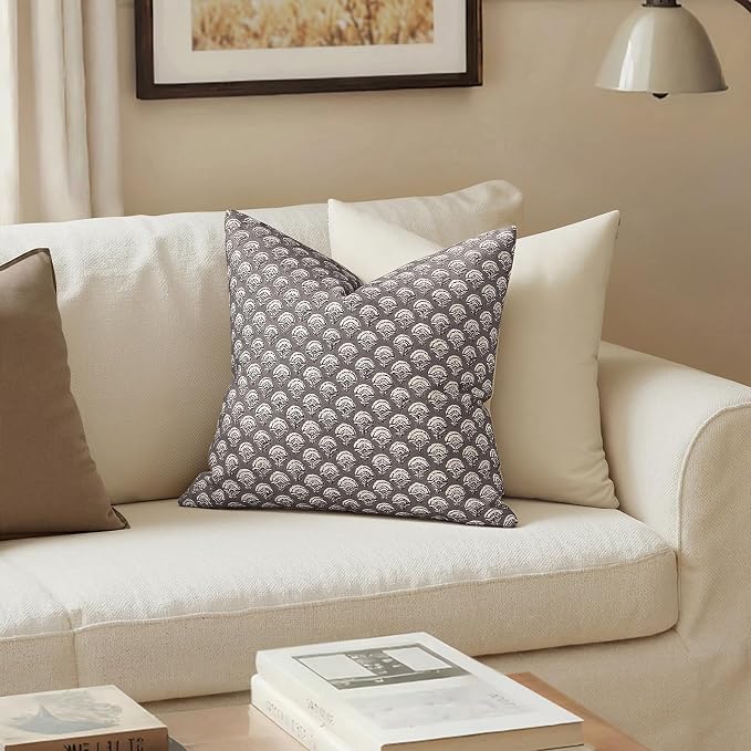 MIULEE Floral Print Decorative Pillow Covers 18x18, Stone Grey | Vintage Boho Farmhouse Modern Home Decor, Set of 2, Block Print Cushion Covers for Couch Sofa Bed Living Room