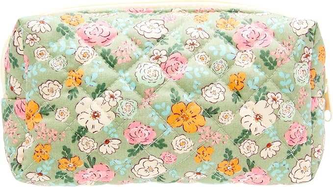 PAZIMIIK Small Quilted Makeup Bag,Zipper Cosmetic Pouch,Green Floral | Lightweight Cosmetic Bag Organizer for Women,Purse Storage Holds Makeup,Toiletries,Skincare,Beauty Essentials,Travel Items