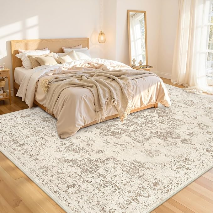 10x14 Area Rug for Living Room: Vintage Boho Neutral Washable Rug Indoor Soft Large Area Rug Carpet for Bedroom Nursery Farmhouse Dining Room Office Floor Non-Slip Low Pile Under Table Rug Beige/Ivory