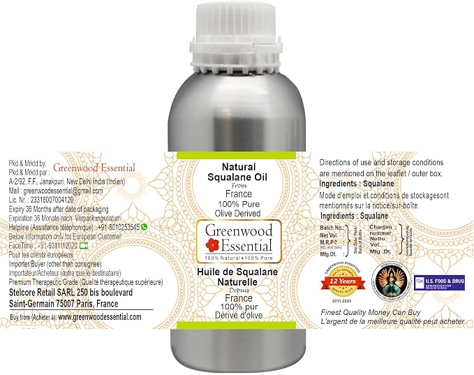 Greenwood Essential Pure Natural Squalane Oil (derived from Olives) Natural Therapeutic Grade for Hair, Skin & Aromatherapy 630ml (21 oz)