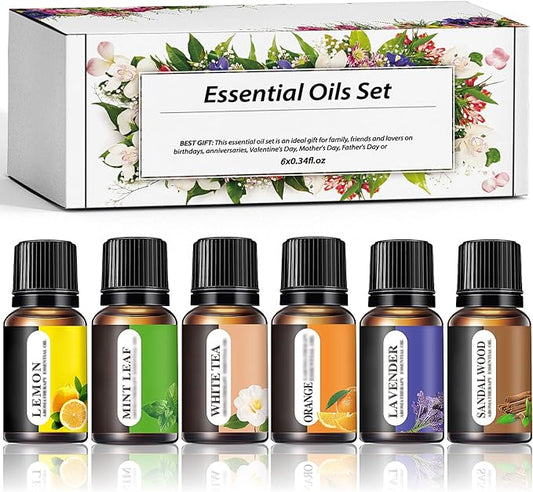 Aromatherapy Essential Oils Kit, 6pcs Pure Scented Oils for Diffuser, Soap, Massage & Home Use - Lavender, Mint, Lemon, Orange, Sandalwood, White Tea