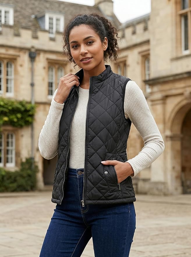 Fuinloth Women's Quilted Vest Lightweight Puffer Stand Collar Zip Gilet | 4 pockets with 2 inner storage. Quilted padded warm gilet. Fall winter outerwear layering vest for travel hiking daily wear.
