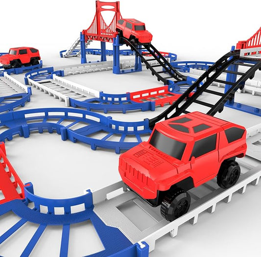 DIY Construction Race Track Set, 24 Pieces with Battery Powered Car,Bridge Building Track ，Assembly Track Builder Playset Gifts Toys for Boys Kids Age 6 7 8