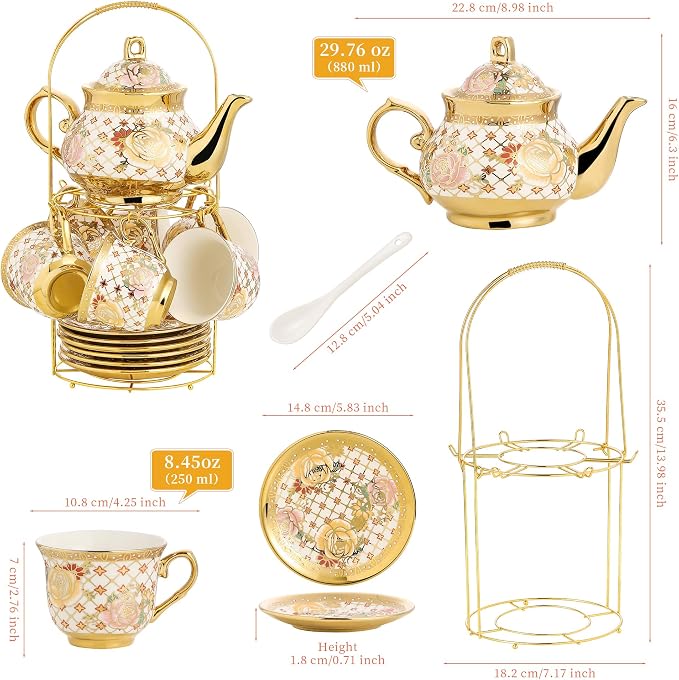 20 Pieces Porcelain Tea Set With Metal Holder, European Ceramic tea set for adults,Flower Tea Set,Tea Set For Women With Flower Painting
