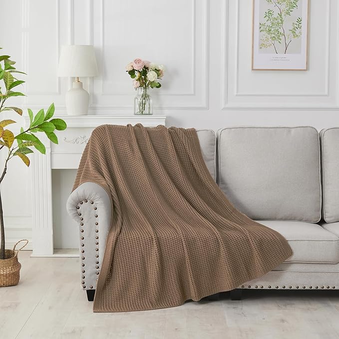 Douceur Light Brown Throw Blanket for Couch, Soft Chunky Cable Knit Throw Blanket, Classic Fisherman's Rib Stitch Pattern Throw for Living Room Gift, 50"X60"
