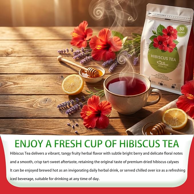 Samcci - Hibiscus Tea Bags, 50 Teabags - Premium dried hibiscus flower for tea - flor de jamaica natural - Non-GMO - Caffeine-free - Rich in Antioxidants & Support Digestion