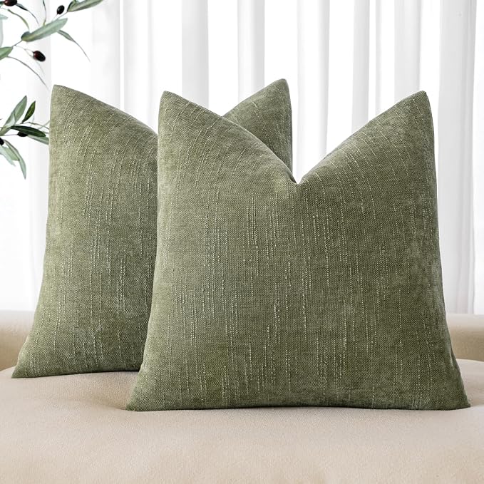 MIULEE Textured Chenille Throw Pillow Covers 20x20 Inch Sage Geen | Pack of 2 Decorative Soft Throw Pillows, Solid Textured Cushion Covers, Modern Home Decor for Couch Sofa Bedroom Living Room