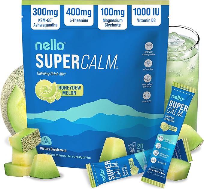 Nello Supercalm Powdered Drink Mix, Cortisol Reducer and Sleep Aid Supplement, L Theanine, Ksm-66 Ashwagandha, Magnesium Glycinate, Vitamin D 3, No Sugar, Non GMO, On The Go, 20 Ct, Honeydew Melon