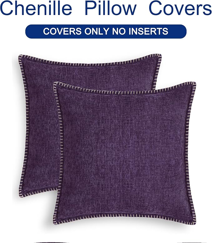 CaliTime Decorative Couch Throw Pillow Covers 18 X 18 Inches Plum Purple | Pack of 2, Cozy Chenille Cushion Cases, Cotton Thread Stitching Edges, for Sofa Bed Living Room Farmhouse