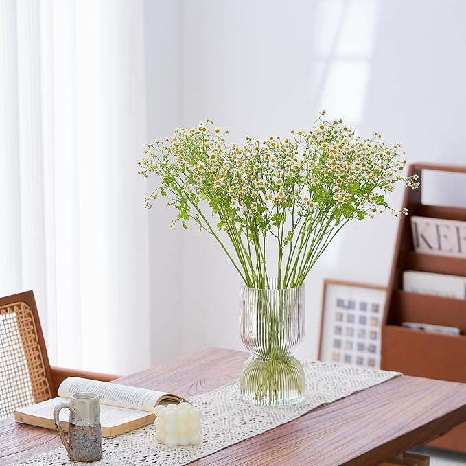 7.5 inch Vase for Flowers, Clear Ribbed Thickened Glass Vases, Hourglass Bud Flower Vase for Bookshelf, Dinner Table, Indoor Office Desktop, Meeting Room, Bathroom, Home Decor, Christmas Decoration