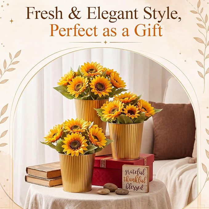 Havawish 6 Pcs Small Gold Metal Bucket Vases for Centerpieces | 5.1 Inch Ribbed Vintage Planter Plant Pots for Wedding Table Garden Birthday Party Decorations