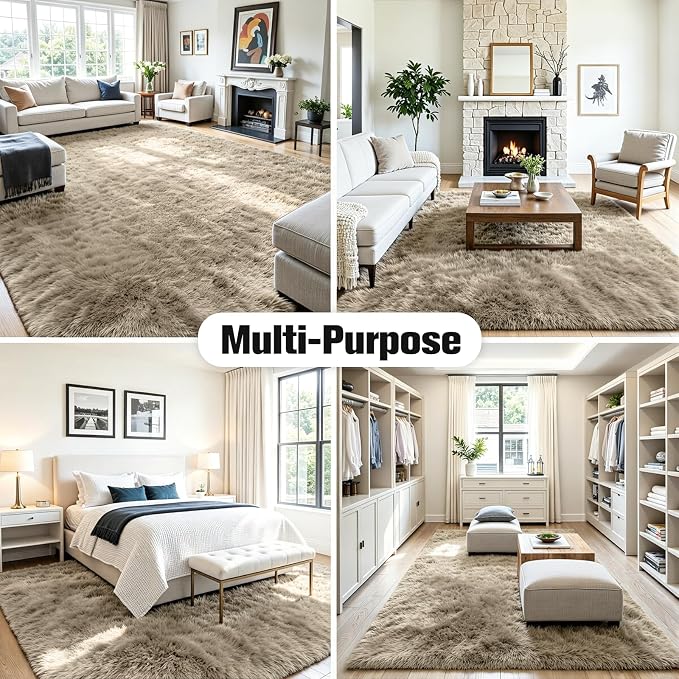 8x10 Area Rug for Living Room, Ultra Soft Fluffy Grey Camel Rugs for Bedroom, Non Slip Large Shag Carpet, Fuzzy Plush Nursery Rug, Thick Washable Indoor Floor Carpets for Kids Office Dorm Home Decor