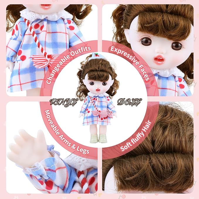 Vinyl Plush Doll, Dolls for Girls with Vinyl Face Brown Curly Hair Blue Dress Cute Movable Arms Legs, Princess Toys Kawaii Jointed Dolls Gifts for Collectibles Birthday Christmas Room Décor 8.6 Inch