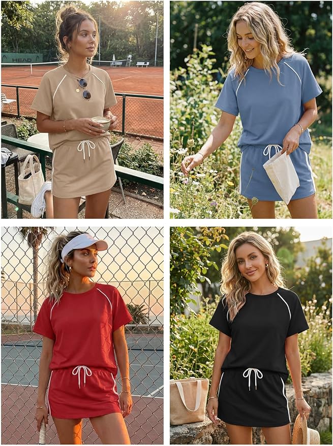 Womens 2 Piece Skirt Sets Summer Tennis Outfits Vacation Skort Set | Two Piece Sets, Short Set, Athletic Workout Golf Outfits, Crew Neck, Color Block, Drawstring, Workout Mathcing Lounge Sets