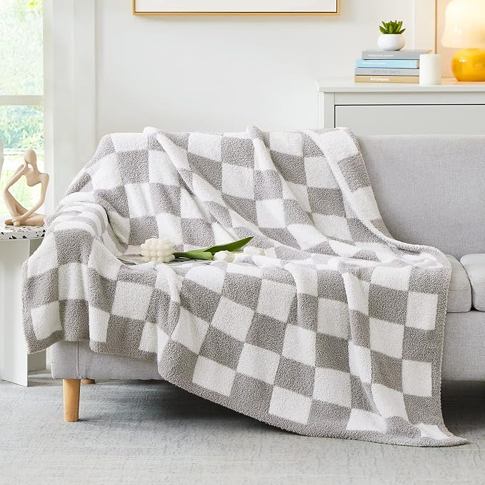 Soft Twin Size Checkered Blanket for Bed-Cozy Knitted Blankets | Lightweight Fluffy Warm Decor for Women, Mom, Her & Girls, Sofa, Chair, Couch, 60x80in,Light Grey