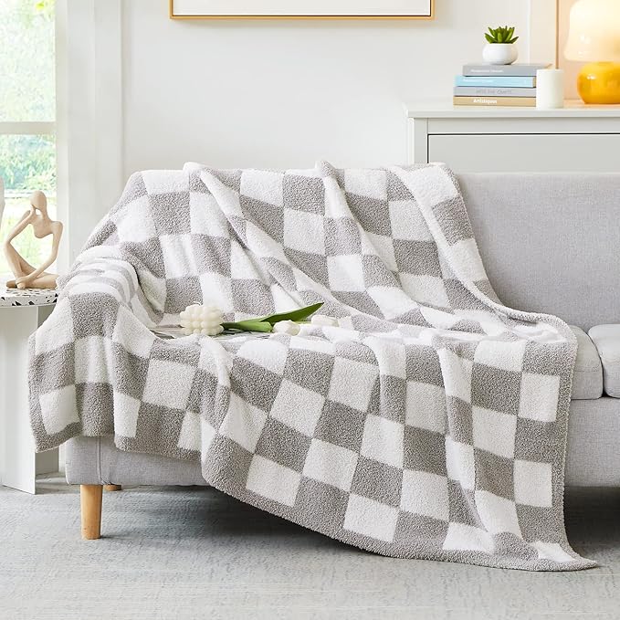 Soft Checkered Throw Blanket for Couch-Cozy Warm Knitted Blankets | Lightweight Warm Fluffy Decor for Women, Mom, Her & Girls, Sofa, Chair, Bed, 50x70in,Light Grey