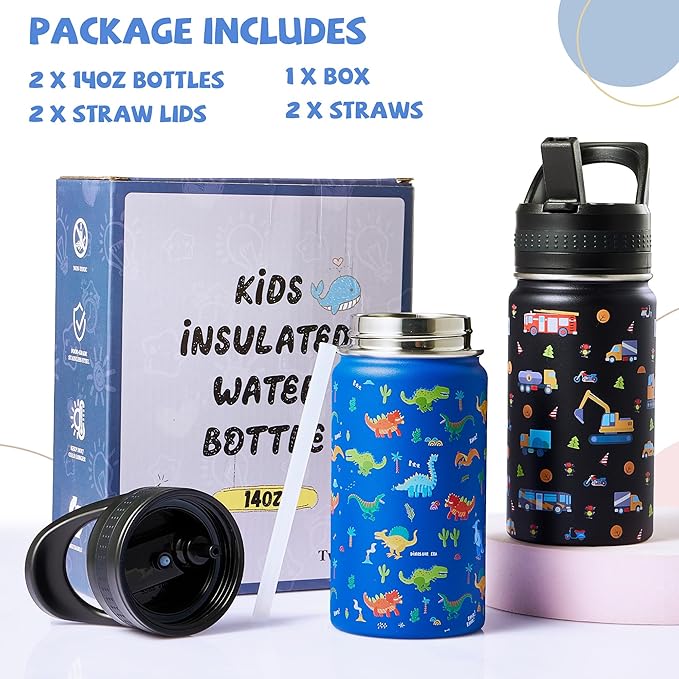 2 Pack Kids Water Bottle,14oz Stainless Steel Insulated Water Tumbler Leak-Proof,School Water Mug,Small and Portable,Suitable for Boys and Girls to Use(Black car + Blue dinosaur)