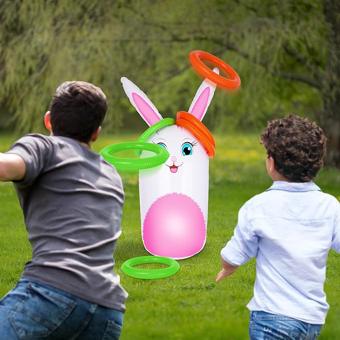 ArtCreativity 34” Easter Games Bunny Inflatable Ring Toss with 6 Rings, Easter Games for Kids - Weighted Bottom to Keep Rabbit Upright - Family Outdoor Easter Party Games for Kids and Adults