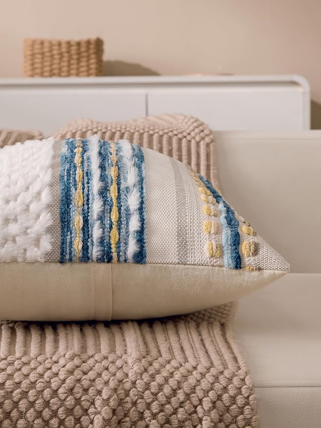 Boho Chenille Tufted Couch Throw Pillow Covers 18x18 Inch Set of 2 Farmhouse Striped Decorative Pillow Covers Accent Neutral Square Pillowcase Blue Cushion Covers for Livingroom Sofa Bed