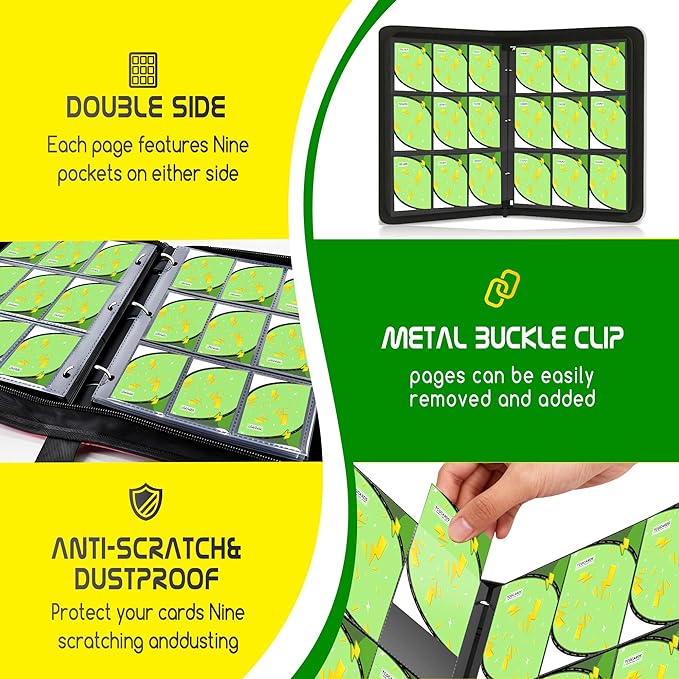 Trading Card Binder 9 Pocket,900 Pocket Card Collection Binder with 50 Removable Sleeves,PU Waterproof Top Card Book,3-Ring Zipper Collectible Trading Card Album for MTG/TCG/Card Holder Gift(Green)