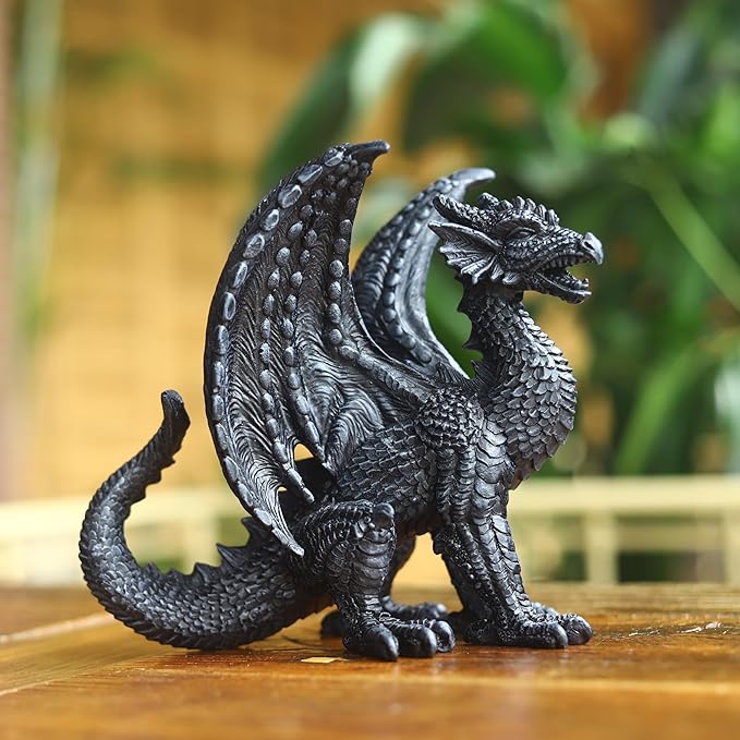 Gothic-Themed Dark Dragon Statue Figurine 8'' Long Majestic Dragon Medieval Mythic Guardian Collectible Fantasy Decoration Home Office Shlef Mantel Decor Gifts