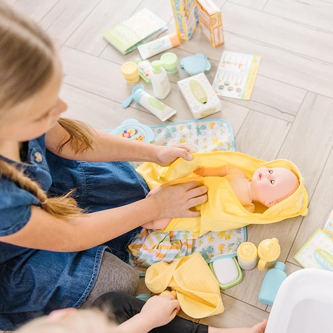 Melissa & Doug Mine to Love Deluxe Baby Care Play Set (48 Pieces – Doll + Accessories to Feed, Bathe, Change, and Cuddle)
